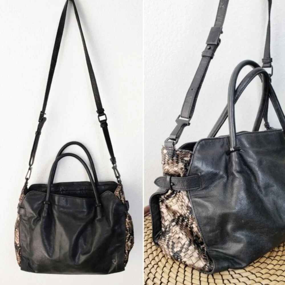 Elliott LUCCA Leather Metallic Woven Detail Slouchy Hobo Bag Large
